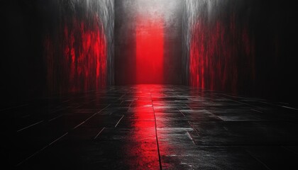 An abstract background illustrating a spacious, dark room that feels clean and empty, featuring a red center that draws attention, with diffused light creating an artistic ambiance on the black