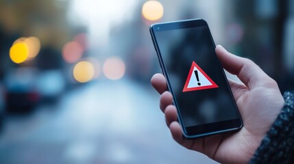 Fototapeta premium A smartphone prominently displays a warning symbol, which serves as an important signal to exercise caution regarding potential risks and dangers associated with financial matters and investments