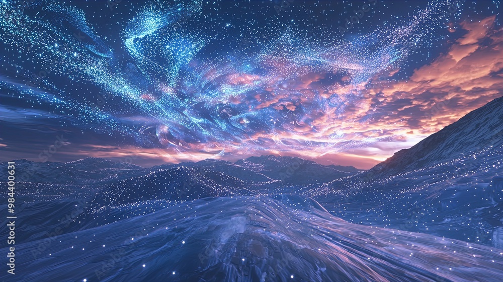 Wall mural a mesmerizing landscape of rolling hills blanketed in snow under a vibrant, starry sky. the image fe
