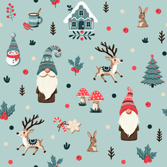 Christmas winter seamless pattern with gnomes, deers, rabbits, mushrooms, christmas trees, branches, berries, cocoa mug, cookies, gingerbread house on blue background for new year holidays and festive