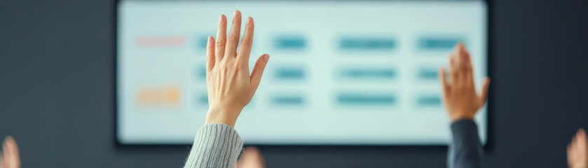 Detailed shot of hands raised in applause, a large screen in the background showing business data, teamwork, successful presentation