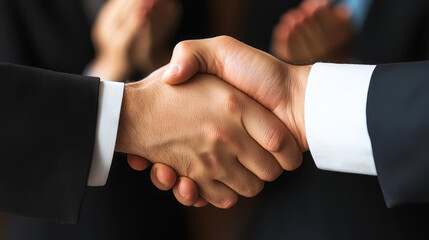 Closeup of a firm handshake with clapping hands in the background, professional setting, business success, collaborative achievement
