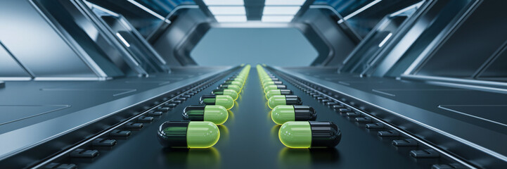 Fototapeta premium Neon Green Capsules on a High-Speed Production Line in a Futuristic Factory Setting - A long perspective of neon green capsules lined up on a conveyor belt in a highly advanced factory setting