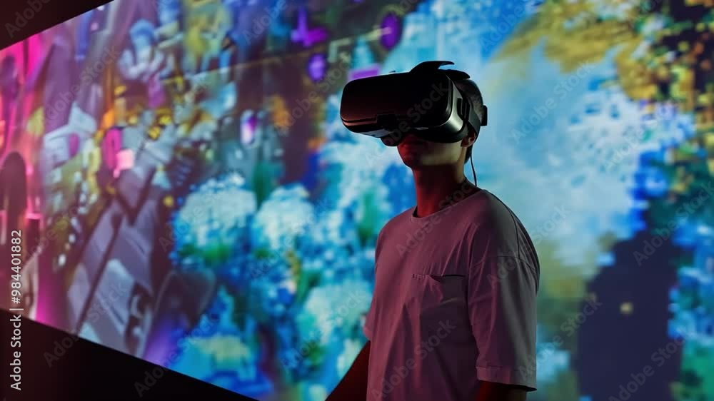 Poster a participant wearing a virtual reality headset engages with vibrant digital art displayed on large 