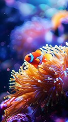 Obraz premium Clownfish Vibrant Underwater Scene Colorful Anemone Marine Life Ocean Exploration. AI Generated