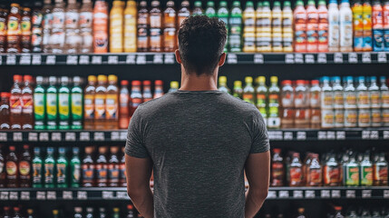 A man stands in front of shelves filled with a variety of drinks, carefully choosing his favorite beverages from the extensive selection