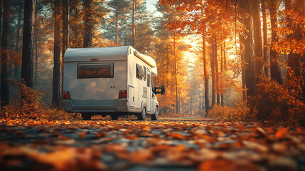 Autumn RV Camping Modern Camper Van During Late Sunny Fall Afternoon Scenic RV Park : Generative AI
