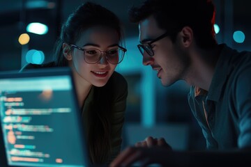 Engineers analyzing AI software in high tech office.