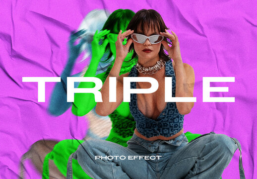 Folded Paper Triple Photo Effect Mockup