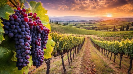 Naklejka premium Huge cluster of fully ripe red wine grapes on a farm in Tuscany, Italy's Chianti area before to harvest