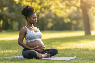 Fototapeta premium Young pregnant woman is practicing yoga and meditating in the park on a sunny day