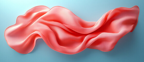 Fototapeta premium A flowing coral silk fabric draped elegantly, showcasing soft textures and vibrant color against a serene blue background.