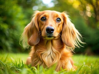 Gently nestled in the lush grass, the golden longhaired dachshund's big brown eyes looked up with a sweet, innocent gaze.