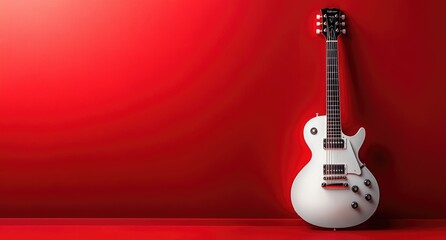 A white electric guitar against a red wall.