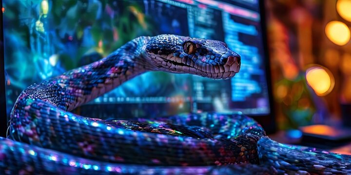 A colorful snake is sitting on a desk next to a computer monitor