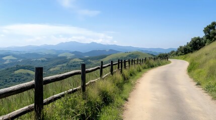 Fototapeta premium Scenic Hilltop Drive Through Nature - Travelers Enjoying Panoramic Views of Rolling Hills and Lush Landscapes on Mountain Roads at High Altitude