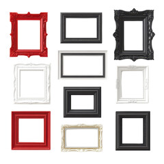 A collection of decorative picture frames in various colors, showcasing unique designs and classic elegance for artistic display., isolated on a transparent background.