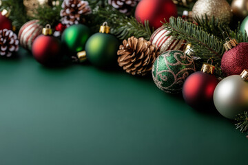 Naklejka premium Christmas balls with pine cones and evergreen branches on a green background