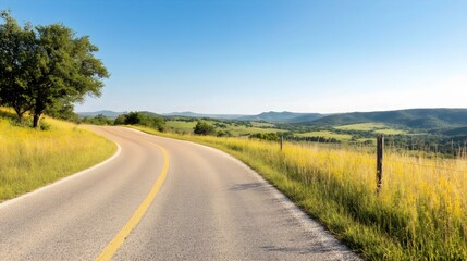 Fototapeta premium Scenic Hill Country Drive - Breathtaking Panoramic Views of Curving Hillside Routes and Serene Highland Landscapes