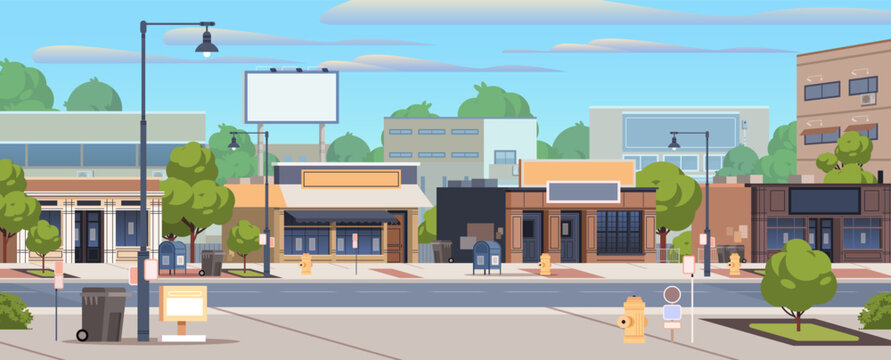 Downtown summer street with shops and cafes buildings. Vector public place flat illustration