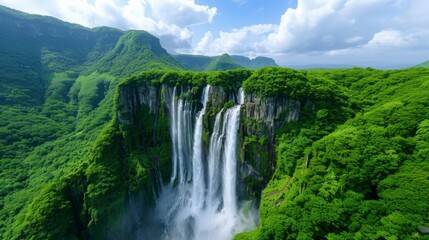 Majestic Waterfall Surrounded by Lush Greenery