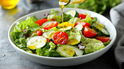 Tangy dressing being drizzled over a fresh salad in a white bowl, Light, tangy dressing drizzled over the top