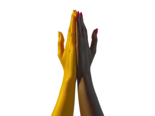 Raised hands in rainbow colors representing diversity and unity, isolated on white background.  PNG transparent.