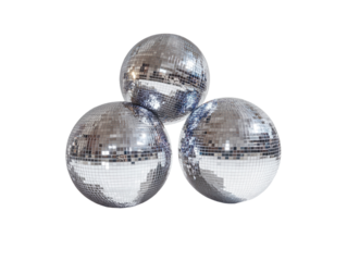 Shiny disco balls in different sizes casting light reflections, isolated on white background.  PNG transparent.