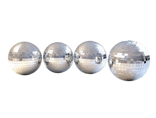 Shiny disco balls in different sizes casting light reflections, isolated on white background.  PNG transparent.