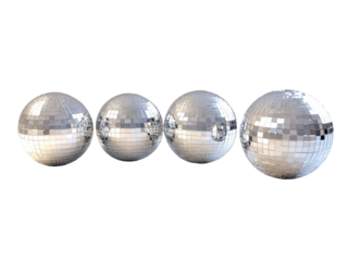 Shiny disco balls in different sizes casting light reflections, isolated on white background.  PNG transparent.