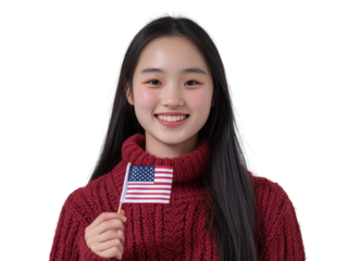 Young woman holding an American flag, smiling and patriotic, isolated on white background. PNG transparent.