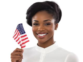 Young woman holding an American flag, smiling and patriotic, isolated on white background. PNG transparent.