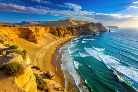 Golden sand dunes slope effortlessly into towering cliffs that plunge dramatically into the sparkling blue waters of the Mediterranean Sea.