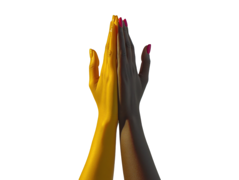 Raised hands in rainbow colors representing diversity and unity, isolated on white background.  PNG transparent.