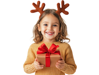 Child with reindeer antlers holding a Christmas gift with red ribbon, smiling, isolated on white.  PNG transparent.