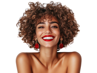 Joyful woman with red lipstick and festive earrings, smiling, isolated on white background.  PNG transparent.