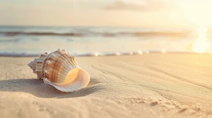 A beautiful shell image on a sandy beach. The shell has unique colors and patterns. It lies on the beach, surrounded by grains of sand