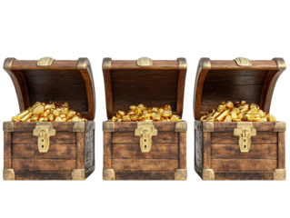 Three treasure chests filled with gold, frankincense, and myrrh, isolated on white background.  PNG transparent.