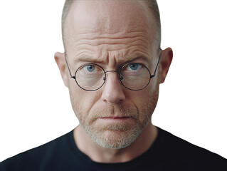 Obraz premium Man squinting, adjusting glasses with a confused expression, isolated on white background. PNG transparent.