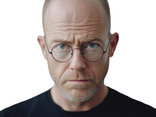Man squinting, adjusting glasses with a confused expression, isolated on white background.  PNG transparent.