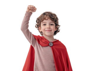 Boy wearing red superhero cape, raising arm, smiling joyfully, isolated on white background. PNG transparent.