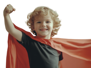 Boy wearing red superhero cape, raising arm, smiling joyfully, isolated on white background. PNG transparent.