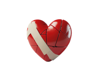 Broken red heart patched with bandages, symbol of healing or heartbreak, isolated on white.  PNG transparent.