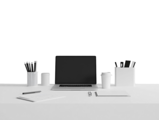 Laptop, reports, coffee, and office supplies arranged neatly on a desk, isolated on white.  PNG transparent.