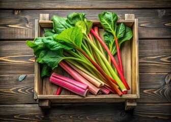 Green, pink stalks of rhubarb nestle within a worn, wooden crate, its rustic texture contrasting with the vibrant hues of the fresh, tender fruit.