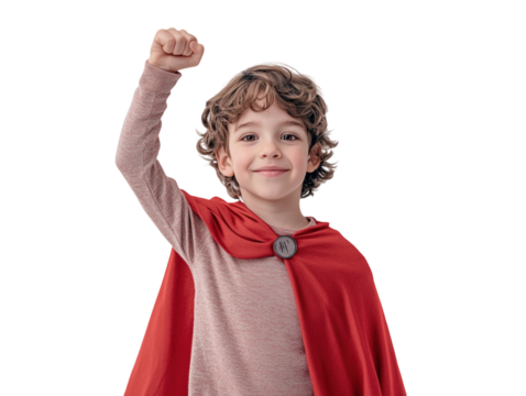 Boy wearing red superhero cape, raising arm, smiling joyfully, isolated on white background.  PNG transparent.
