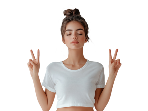 Woman meditating, eyes closed, making peace gesture, calm expression, isolated on white background. PNG transparent.