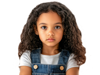 Young girl with curly hair, arms crossed, serious expression, wearing denim overalls, isolated on white.  PNG transparent.