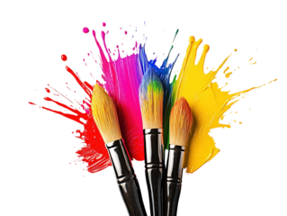 Paintbrushes with colorful paint splashes, rainbow colors, vibrant and creative, isolated on white.  PNG transparent.