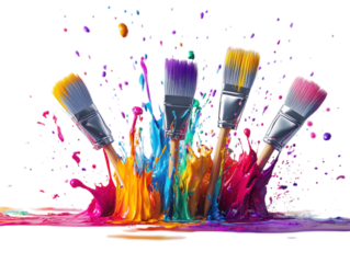 Paintbrushes with colorful paint splashes, rainbow colors, vibrant and creative, isolated on white.  PNG transparent.